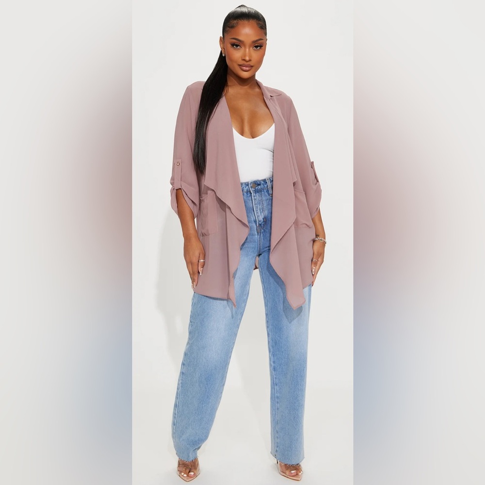 NWT Fashion Nova sheer blazer style open front roll tab top size xs rose color - Picture 2 of 11